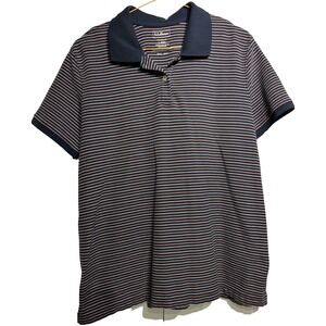 LL Bean Polo Shirt Womens Large Navy Blue White Pink‎ Striped Relaxed Fit Cotton